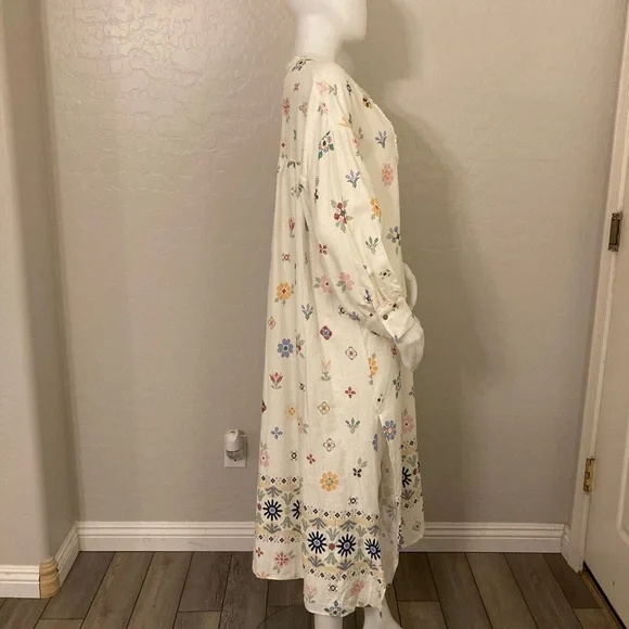 ZARA Oversized Linen Blend Floral Print MIDI Kaftan Dress White Large - Picture 9 of 13